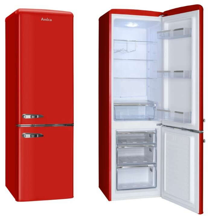 Czerwona lodówka Amica z dwoma drzwiami, jedne otwarte, pokazujące półki i szuflady.