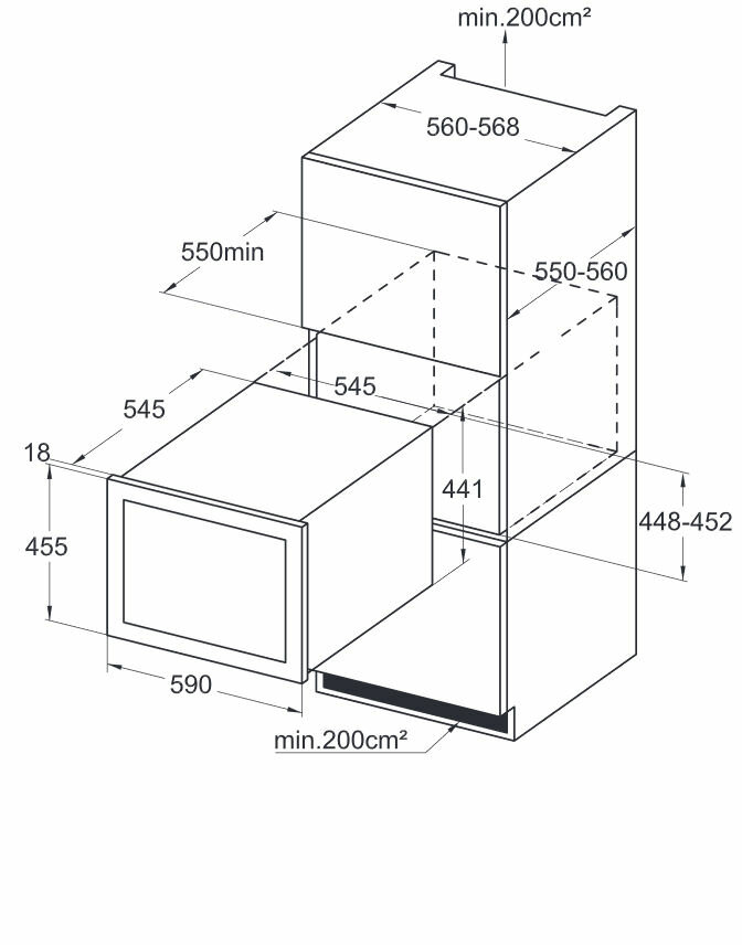 Schemat urządzenia kuchennego z wymiarami. Urządzenie ma kształt prostokąta z drzwiami i innymi elementami.