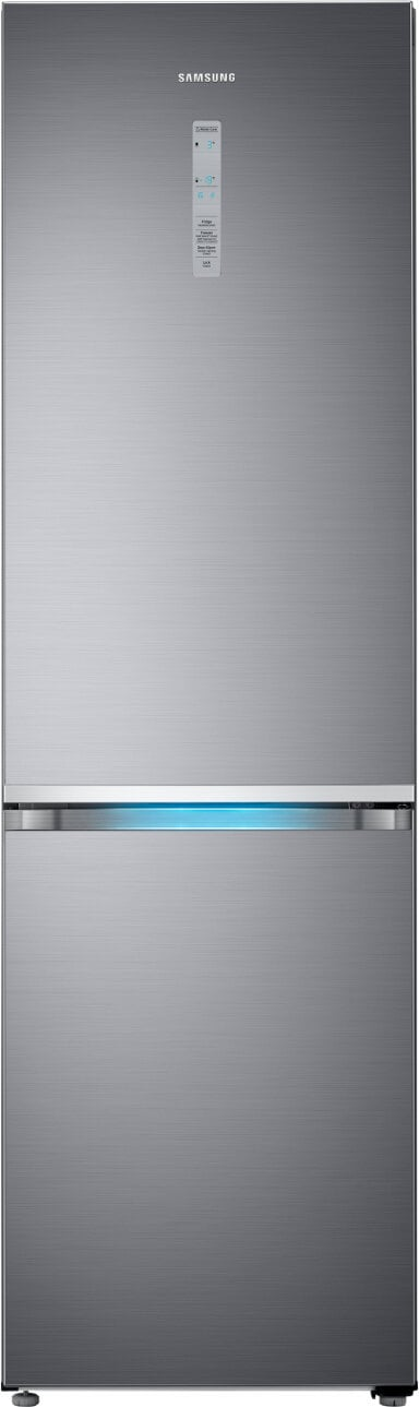 Srebrna lodówka Samsung ma dwoje drzwi, górne wyświetlają panel cyfrowy. Dolne drzwi mają uchwyt.