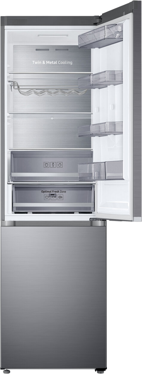 Srebrna lodówka Samsung z otwartymi drzwiami, pokazująca wnętrze.