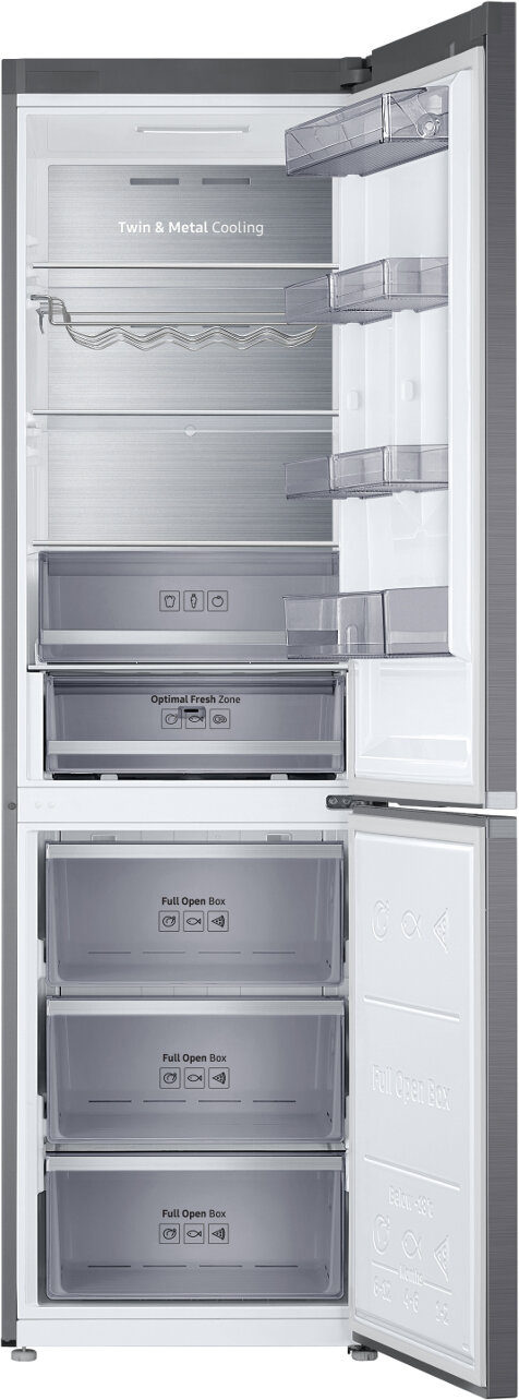 Otwarta lodówka ze stalowymi drzwiami, pokazująca półki i szuflady wypełnione produktami.