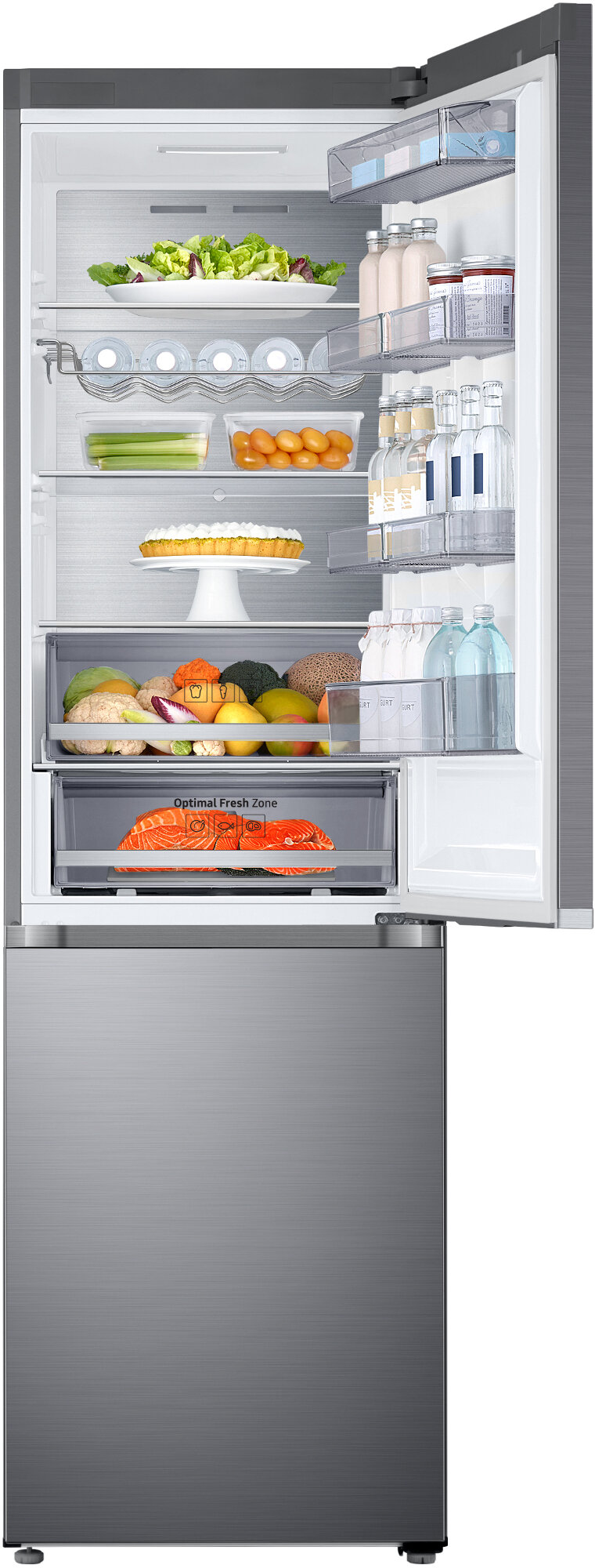 Otwarta lodówka z jedzeniem. Owoce, warzywa i napoje są widoczne na półkach. Szary wygląd zewnętrzny.