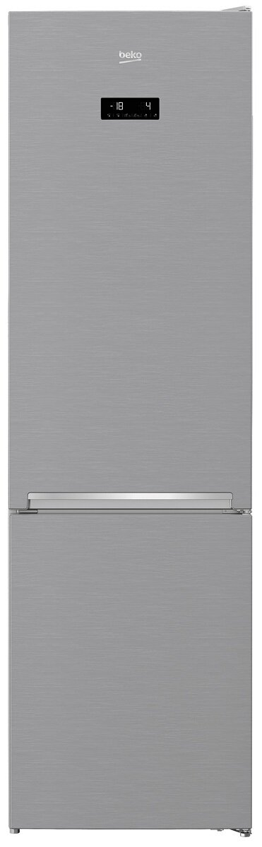 Srebrna lodówko-zamrażarka Beko. Górna część ma wyświetlacz. Dolna część to zamrażarka.