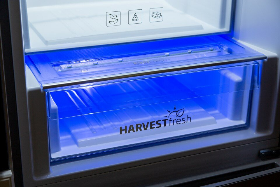 Wnętrze lodówki z niebieską szufladą HarvestFresh i podświetlaną górną półką.