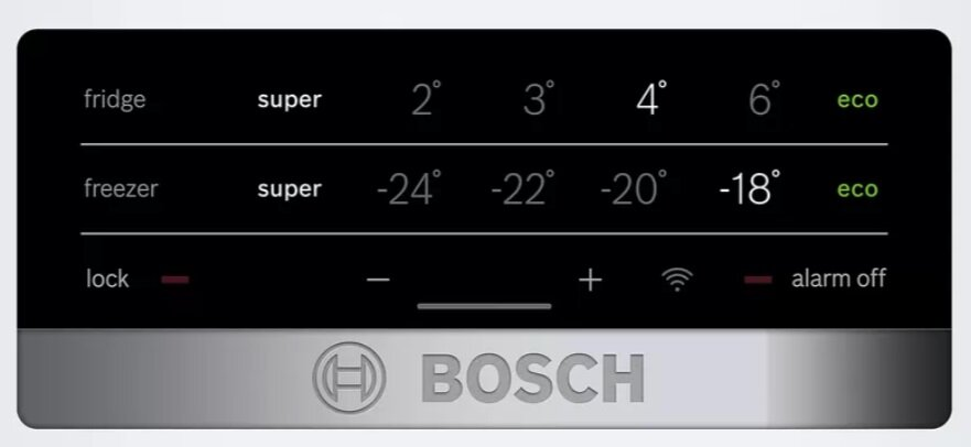 Panel sterowania lodówki pokazujący ustawienia temperatury dla lodówki i zamrażarki.