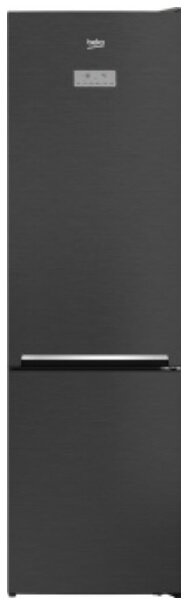 Czarna lodówka, zamknięta, z małym wyświetlaczem cyfrowym na górze.