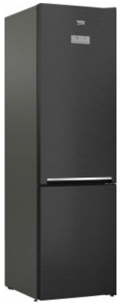 Czarna lodówka, zamknięta, z cyfrowym wyświetlaczem na górnych drzwiach.