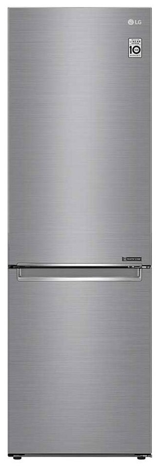 Srebrna lodówka LG. Model dwudrzwiowy. Logo LG na górze.