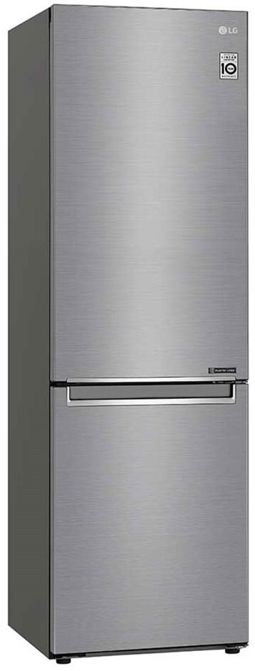 Srebrna lodówka LG z dolną zamrażarką. Ma uchwyt i logo.