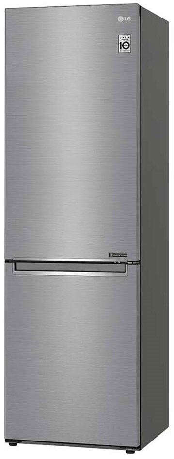 Srebrna lodówka LG, dwudrzwiowa, wysoka. Szczotkowana tekstura metalu. Białe tło.