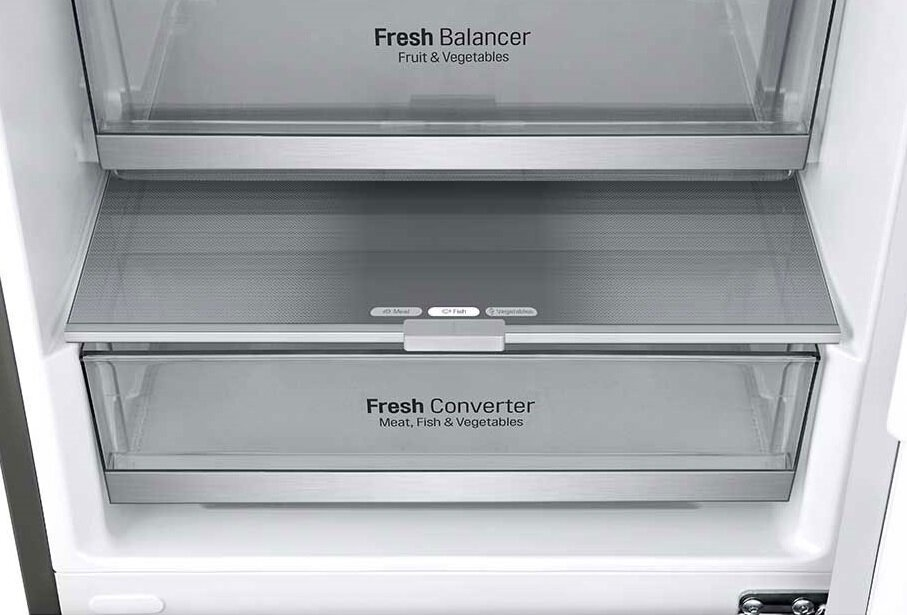 Wnętrze lodówki, pokazujące szuflady świeżego balancera i konwertera.