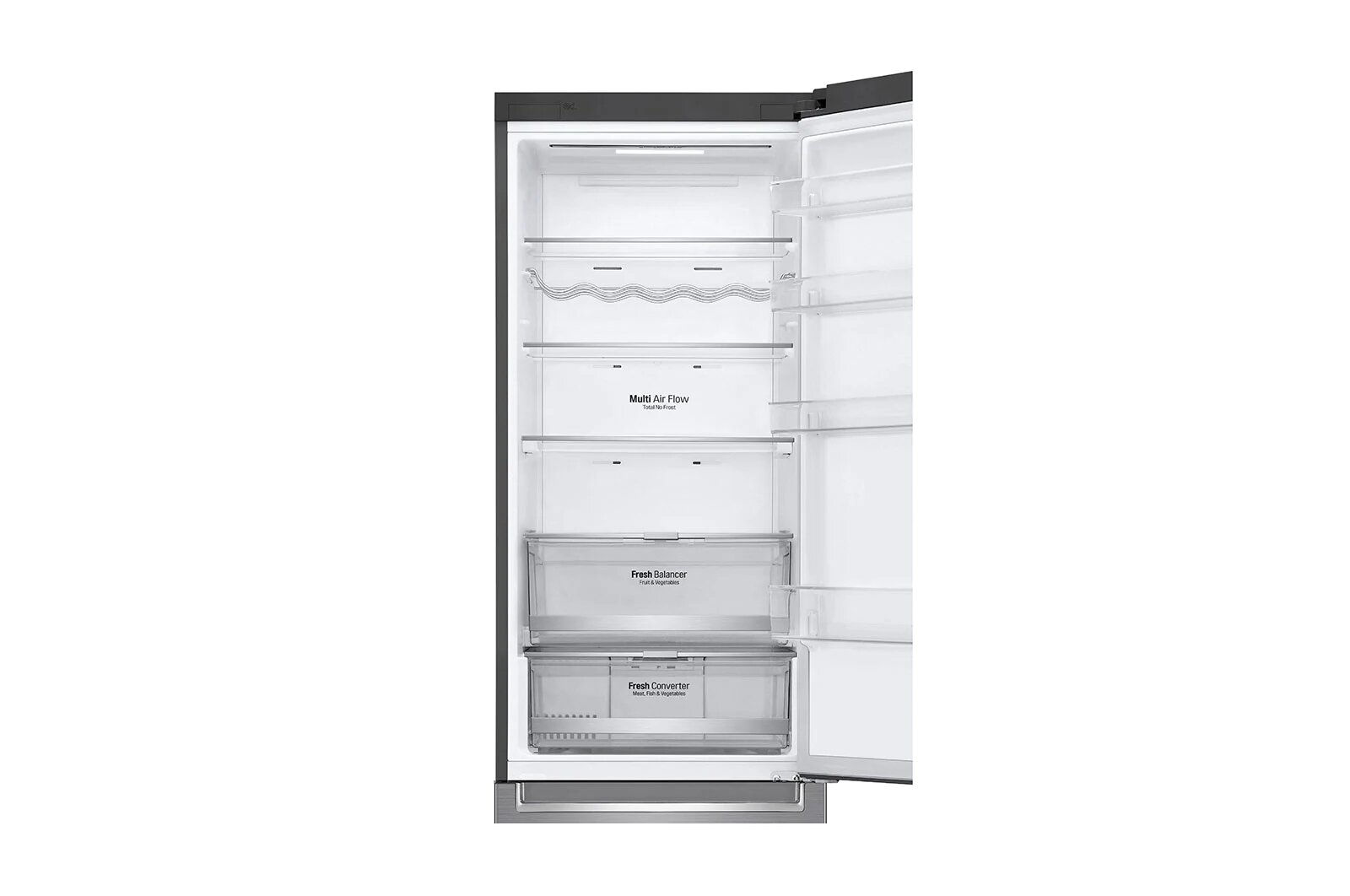 Wnętrze otwartej lodówki. Widoczne półki, szuflady i światło. Obecne logo LG.