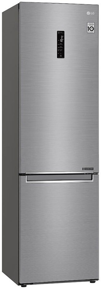 Lodówka LG ze stali nierdzewnej, dwudrzwiowa, z cyfrowym wyświetlaczem na górze.