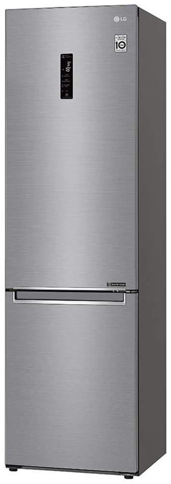 Srebrna lodówka LG z dolną zamrażarką i wyświetlaczem cyfrowym.