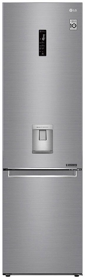 Lodówka LG ze stali nierdzewnej. Ma dozownik wody i wyświetlacz na drzwiach.