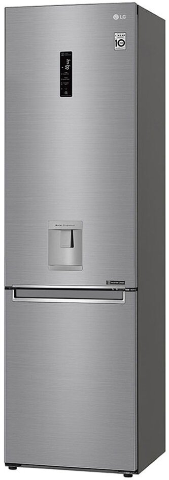 Wysoka, srebrna lodówka LG z dozownikiem wody. Ma dwoje drzwi i szufladę zamrażarki na dole.