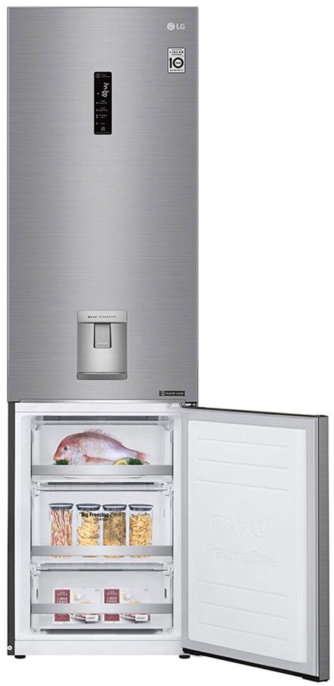 Lodówka LG ze stali nierdzewnej z otwartymi drzwiami zamrażarki, pokazująca jedzenie w środku.