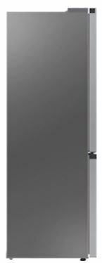 Zamknięta, szara lodówka ze srebrnym uchwytem. Widok z boku z eleganckim, nowoczesnym designem.