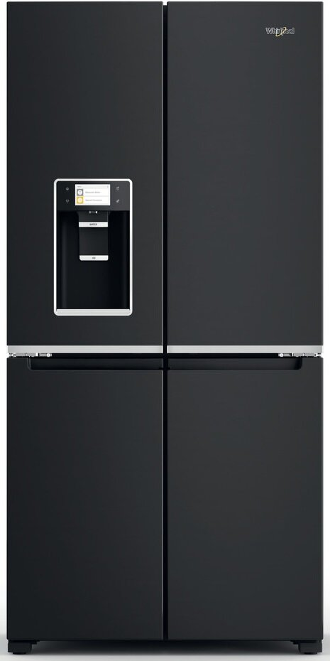 Czarna lodówka Whirlpool z czterema drzwiami. Ma dozownik wody i lodu na lewych drzwiach.