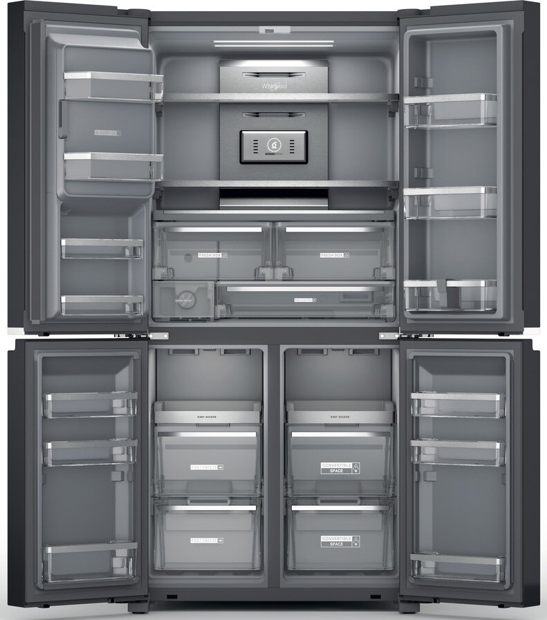 Biała lodówka z zamrażarką na dole i drzwiami na górze.