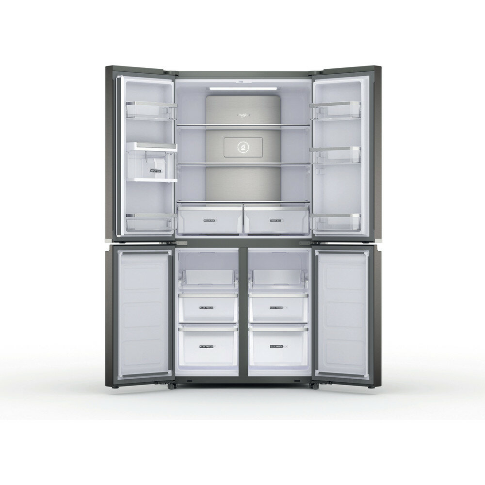 Lodówka, otwarte drzwi, pokazujące półki, szuflady i zawartość.