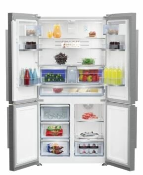 Schemat lodówki z wymiarami. Pokazuje pomiary wysokości, szerokości i głębokości.