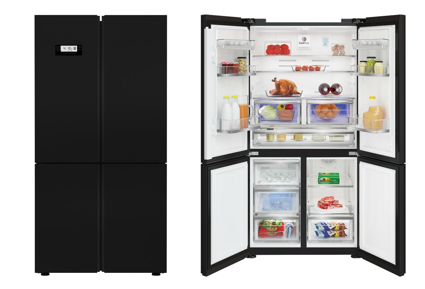 Czarna lodówka z czterema drzwiami, otwarta, pokazująca zawartość.