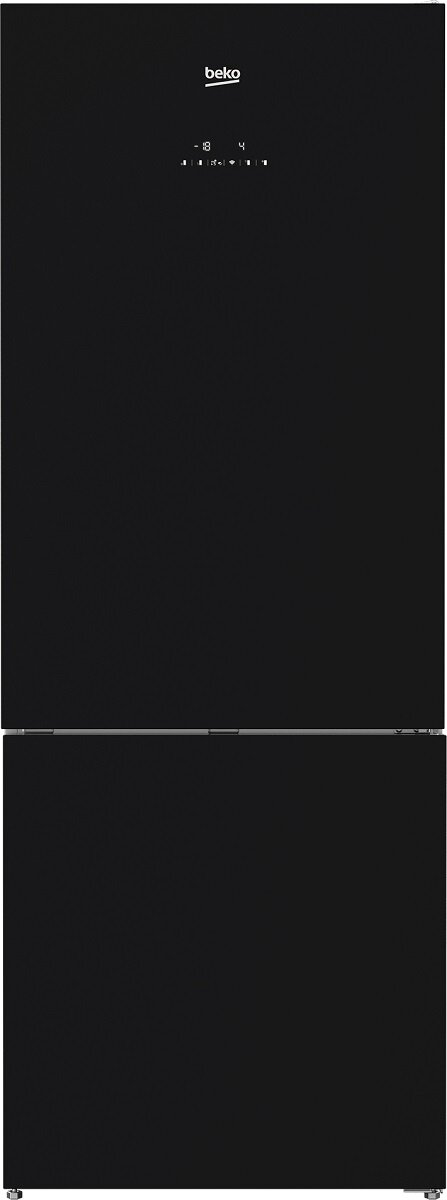 Czarna lodówka Beko z dwoma drzwiami. Posiada wyświetlacz cyfrowy.