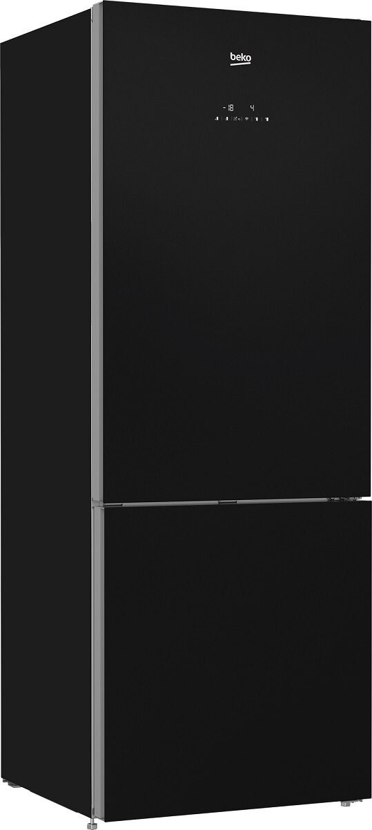 Czarna lodówka z dwiema drzwiami, prezentująca elegancki i nowoczesny design.