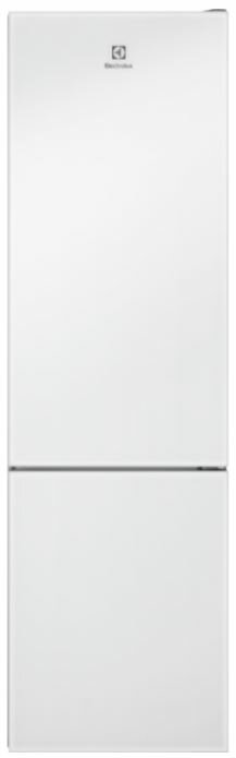 Biała lodówka Electrolux z dwoma sekcjami.
