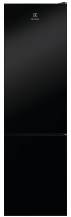 Czarna lodówka Electrolux. Lodówka ma dwoje drzwi, jedne na górze i jedne na dole.