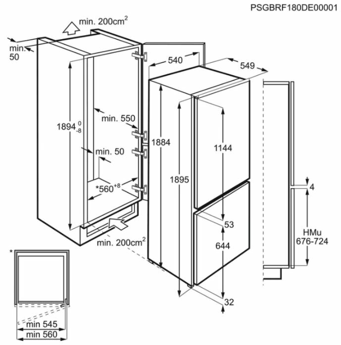 Rysunek techniczny lodówki, pokazujący wymiary i szczegóły.