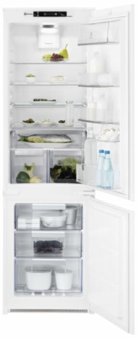 Biała lodówka otwarta, pokazująca owoce, warzywa, butelki i pojemniki. Dwoje drzwi z półkami i szufladami na dole.