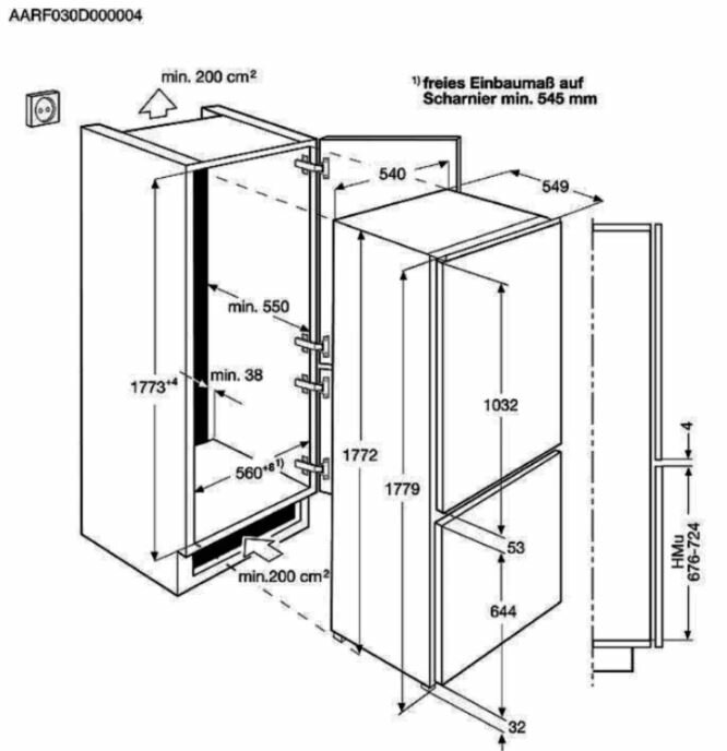 Schemat lodówki z wymiarami i rysunkami technicznymi do instalacji.