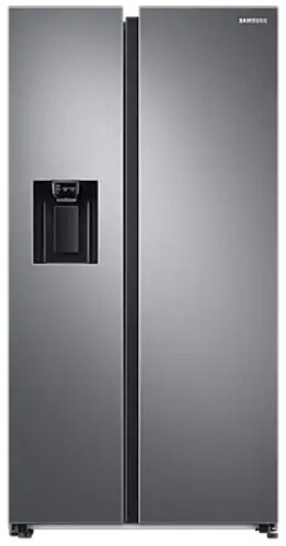 Srebrna lodówka Samsung. Drzwi obok siebie. Dozownik wody na lewych drzwiach.