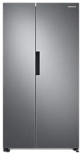 Srebrna lodówka Samsung side-by-side. Czarny uchwyt. Szare stalowe wykończenie. Logo Samsung u góry po prawej.
