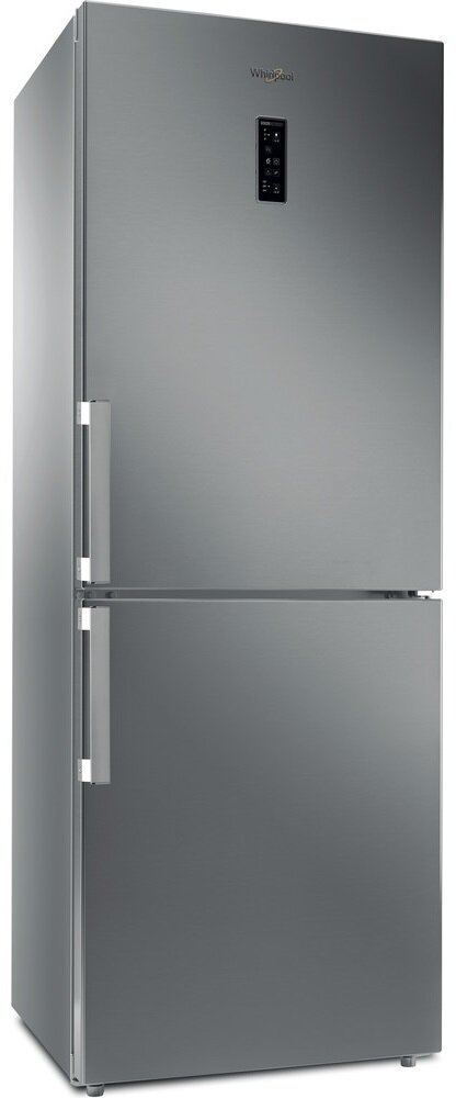 Wysoka, srebrna lodówka z dwoma drzwiami i wyświetlaczem cyfrowym.