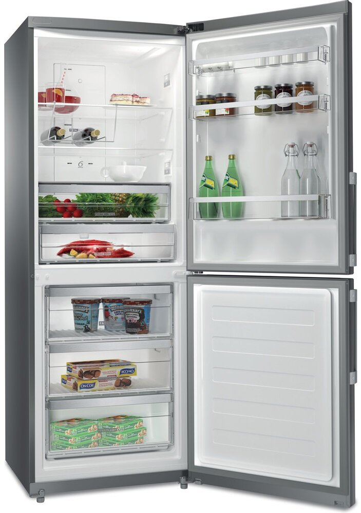 Otwarta lodówka z produktami spożywczymi w przegródkach. Szary wygląd zewnętrzny.