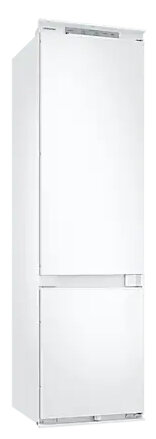 Biała lodówka z górną komorą i dolną szufladą. Drzwi i szuflada są gładkie, z małym uchwytem.