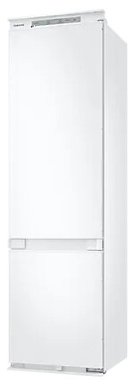 Biała lodówka z górną i dolną częścią. Logo Samsung jest widoczne na górze.