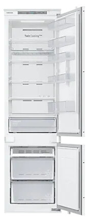 Biała lodówka z otwartymi drzwiami pokazującymi półki i szuflady. Słowo 'Twin Cooling Plus' jest widoczne w środku.