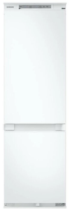 Biała lodówka Samsung z dwiema drzwiami, góra mała, dół duży.