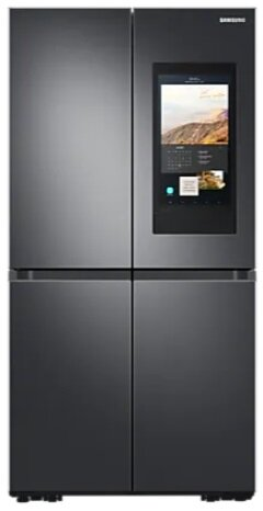 Czarna lodówka Samsung z czterema drzwiami i ekranem na prawych górnych drzwiach.
