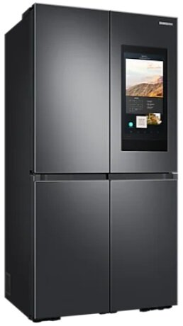 Czarna lodówka Samsung z ekranem dotykowym. Cztery drzwi o eleganckim, nowoczesnym designie.