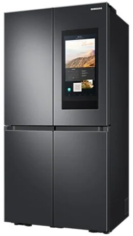 Czarna lodówka Samsung z ekranem na drzwiach. To model z czterema drzwiami.