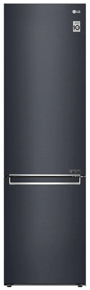 Czarna lodówka LG, wysoka, ze srebrnym uchwytem i wyświetlaczem na drzwiach.
