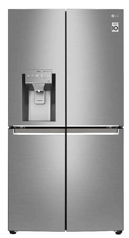 Srebrna lodówka LG z czterema drzwiami, dozownikiem wody i lodu.