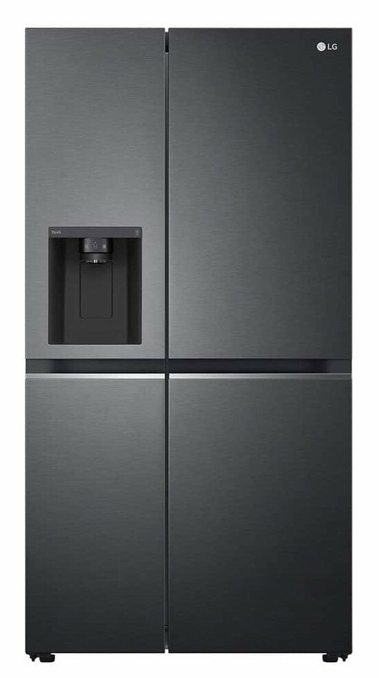 Czarna lodówka side-by-side LG z wbudowanym dozownikiem wody i lodu na przednich drzwiach.