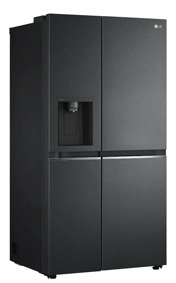 Czarna lodówka LG, drzwi obok siebie z dozownikiem wody. Nowoczesny i elegancki design.