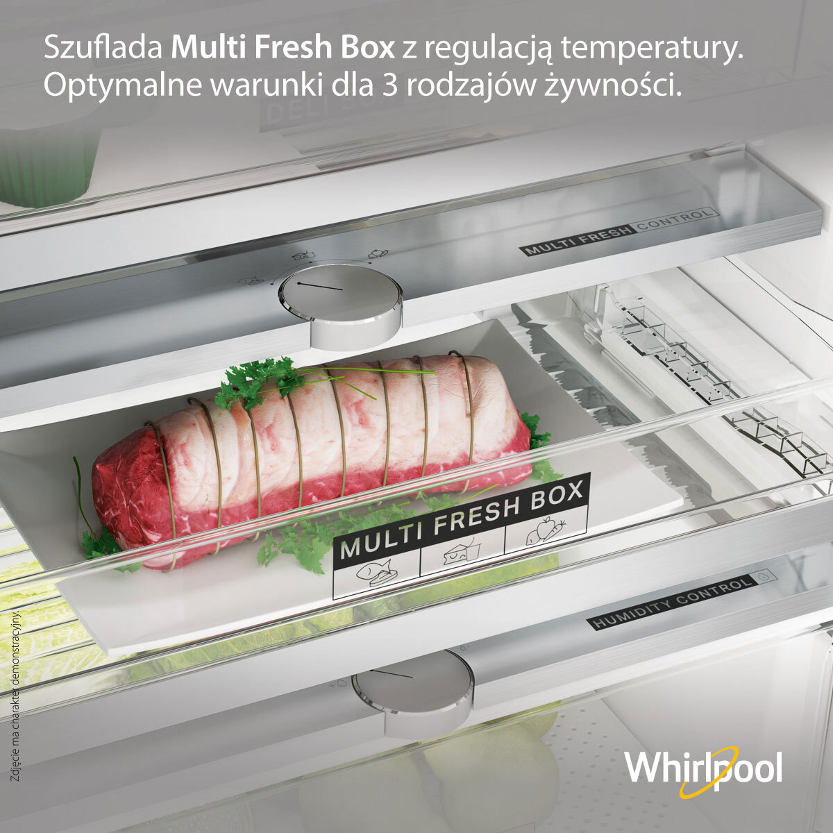 Komora lodówki Whirlpool z tacą z mięsem i warzywami. Na pudełku napis 'Multi Fresh'.
